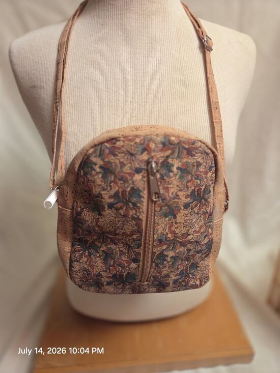 Unbranded Handbags - Floral Cork Look Crossbody Bag Brown Multicolor Zip Closure Front Zip Pocket